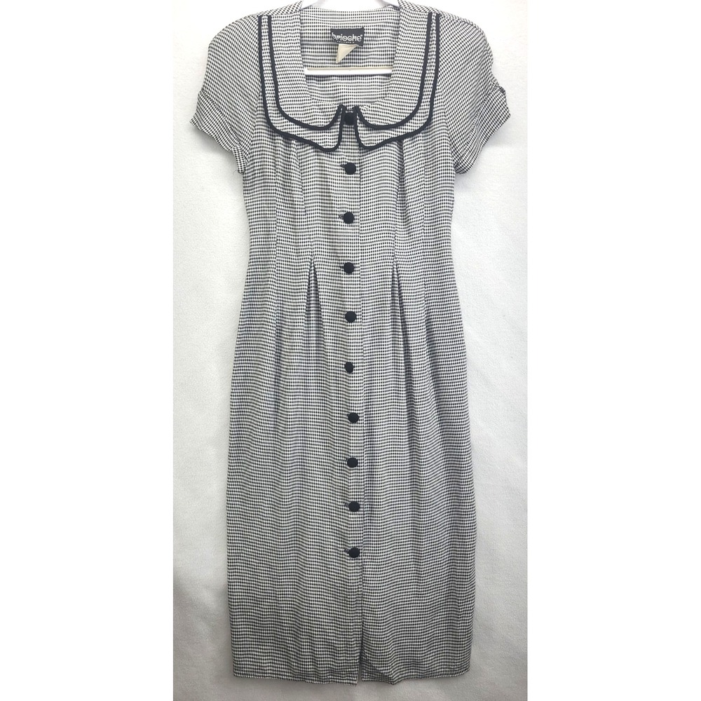 Vintage Brioche California 9/10 Gingham Midi Dress Black White Peter Pan Collar